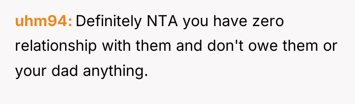 uhm94 Definitely NTA you have zero relationship with them and...