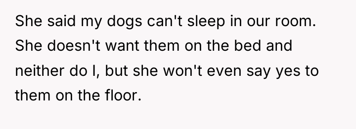 She said my dogs can't sleep in our room. She...