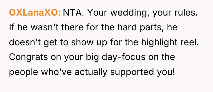OXLanaXO NTA. Your wedding, your rules. If he wasn't there...