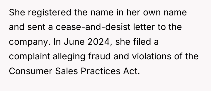 She registered the name in her own name and sent...