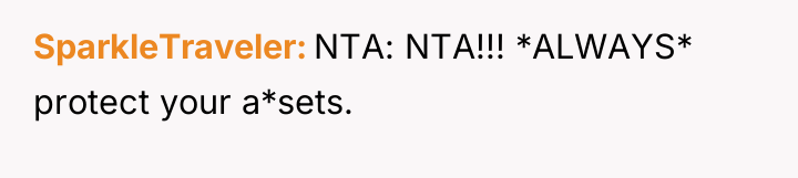 SparkleTraveler NTA: NTA!!! *ALWAYS* protect your a*sets.