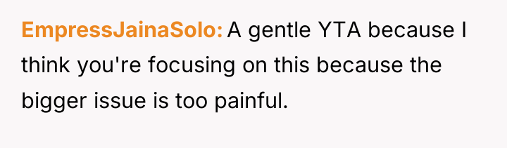 EmpressJainaSolo A gentle YTA because I think you're focusing on...