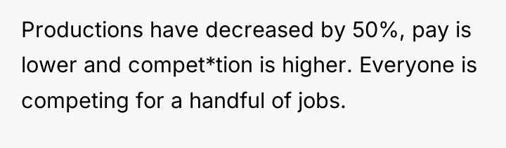 Productions have decreased by 50%, pay is lower and compet*tion...