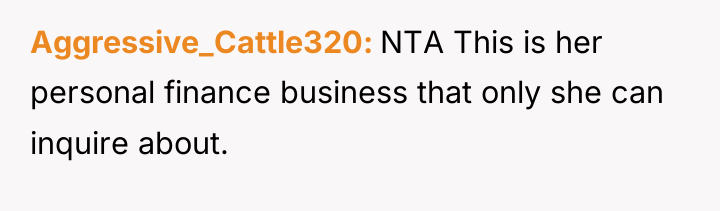 Aggressive_Cattle320 NTA This is her personal finance business that only...