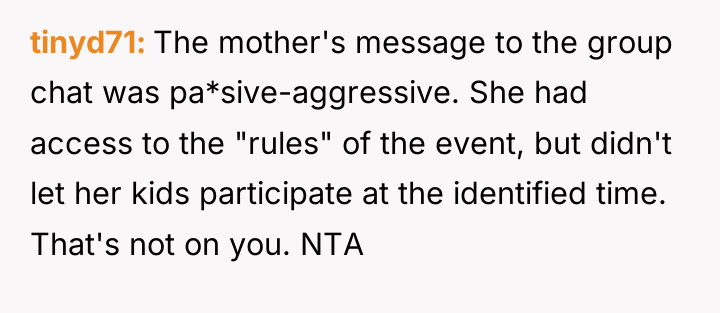 tinyd71 The mother's message to the group chat was pa*sive-aggressive....