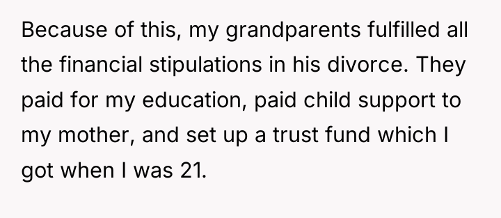 Because of this, my grandparents fulfilled all the financial stipulations...