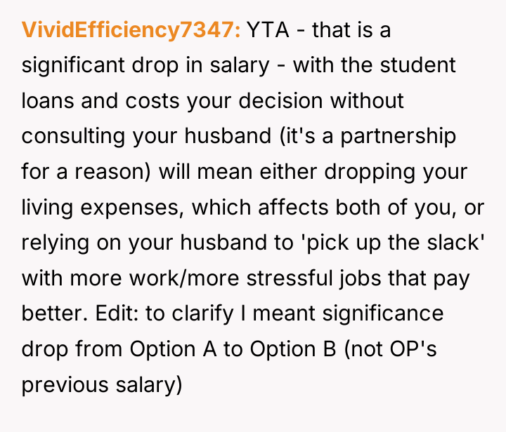 VividEfficiency7347 YTA - that is a significant drop in salary...