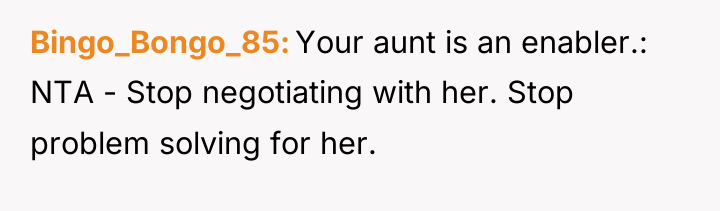 Bingo_Bongo_85 Your aunt is an enabler.: NTA - Stop negotiating...