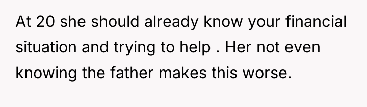 At 20 she should already know your financial situation and...