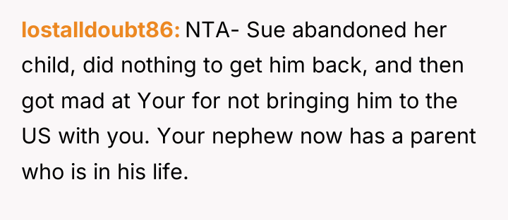 lostalldoubt86 NTA- Sue abandoned her child, did nothing to get...