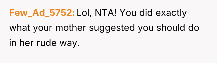 Few_Ad_5752 Lol, NTA! You did exactly what your mother suggested...