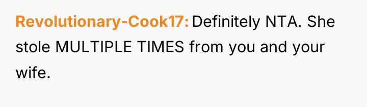 Revolutionary-Cook17 Definitely NTA. She stole MULTIPLE TIMES from you and...