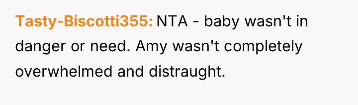 Tasty-Biscotti355 NTA - baby wasn't in danger or need. Amy...