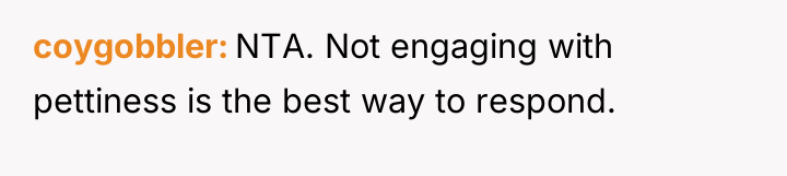 coygobbler NTA. Not engaging with pettiness is the best way...