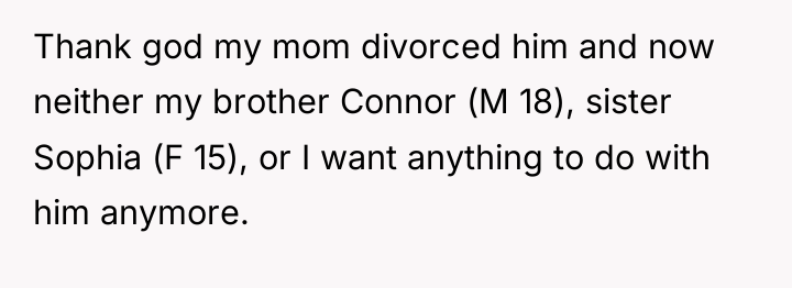 Thank god my mom divorced him and now neither my...