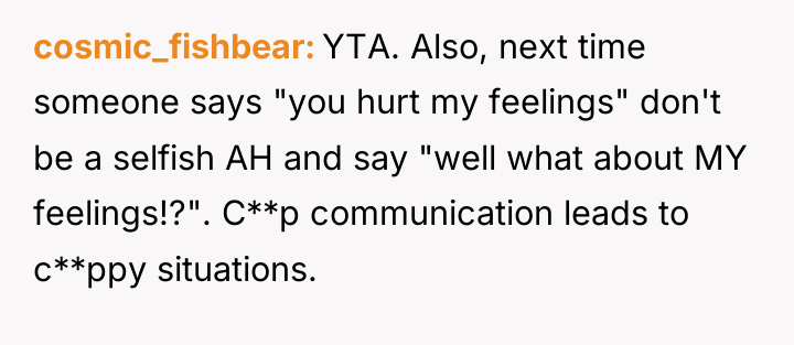 cosmic_fishbear YTA. Also, next time someone says "you hurt my...