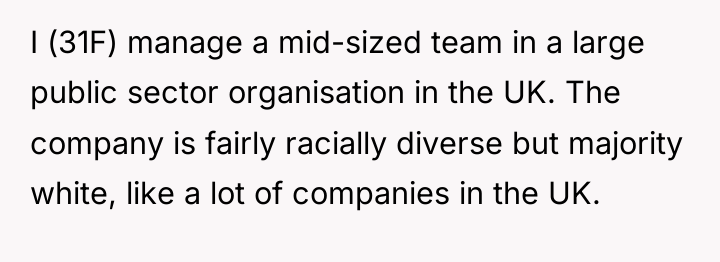 I (31F) manage a mid-sized team in a large public...