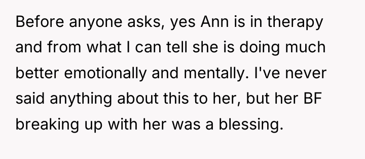 Before anyone asks, yes Ann is in therapy and from...