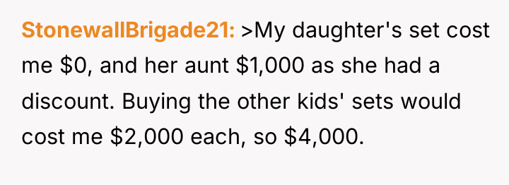 StonewallBrigade21 >My daughter's set cost me $0, and her aunt...