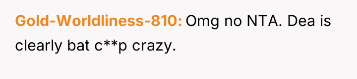 Gold-Worldliness-810 Omg no NTA. Dea is clearly bat c**p crazy.