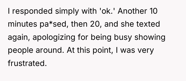 I responded simply with 'ok.' Another 10 minutes pa*sed, then...