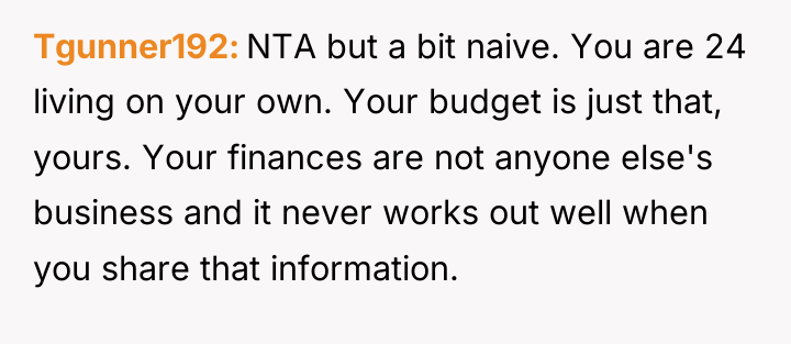 Tgunner192 NTA but a bit naive. You are 24 living...