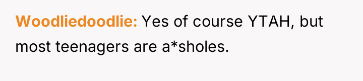 Woodliedoodlie Yes of course YTAH, but most teenagers are a*sholes.