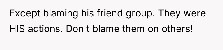 Except blaming his friend group. They were HIS actions. Don't...