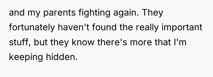 and my parents fighting again. They fortunately haven't found the...