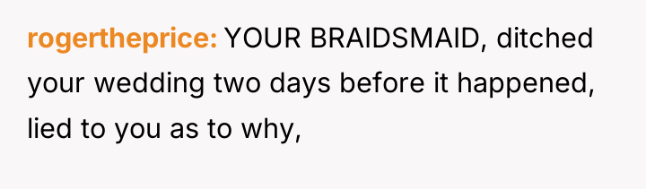 rogertheprice YOUR BRAIDSMAID, ditched your wedding two days before it...