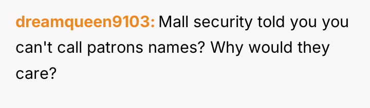 dreamqueen9103 Mall security told you you can't call patrons names?...