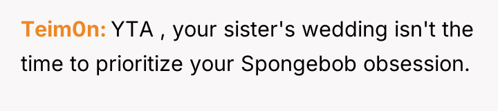 Teim0n YTA , your sister's wedding isn't the time to...