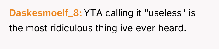 Daskesmoelf_8 YTA calling it "useless" is the most ridiculous thing...