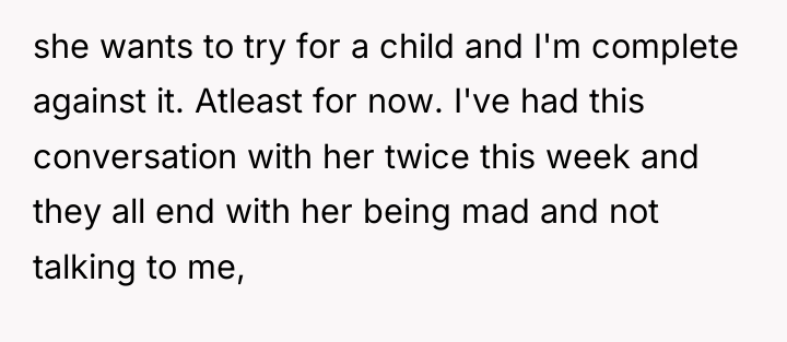 she wants to try for a child and I'm complete...