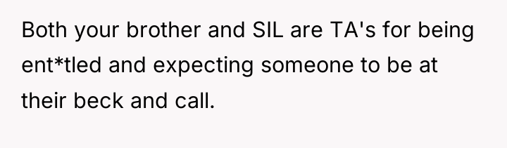 Both your brother and SIL are TA's for being ent*tled...