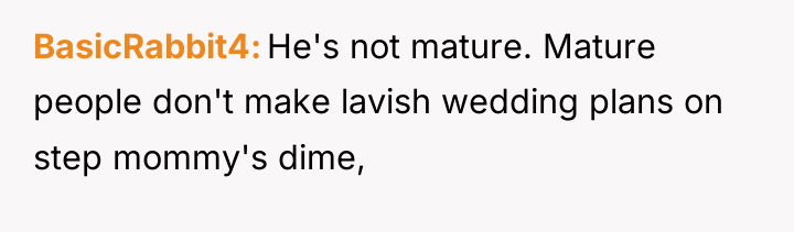 BasicRabbit4 He's not mature. Mature people don't make lavish wedding...