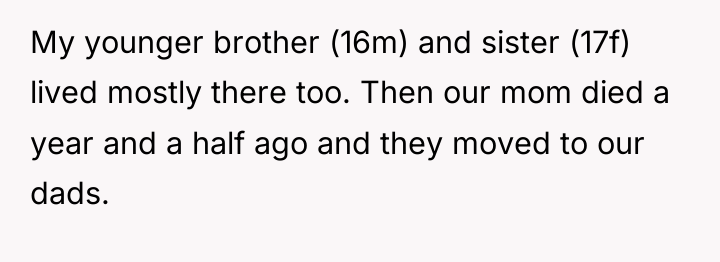 My younger brother (16m) and sister (17f) lived mostly there...