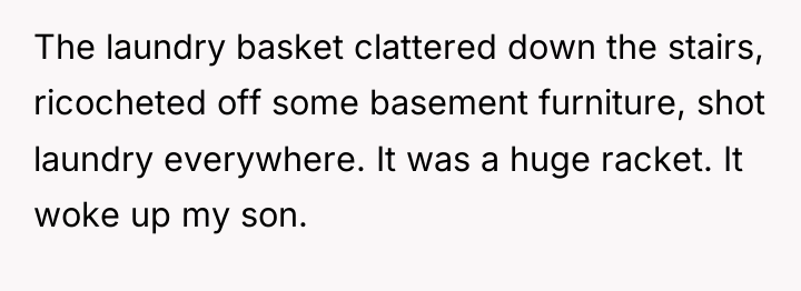 The laundry basket clattered down the stairs, ricocheted off some...