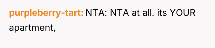 purpleberry-tart NTA: NTA at all. its YOUR apartment,