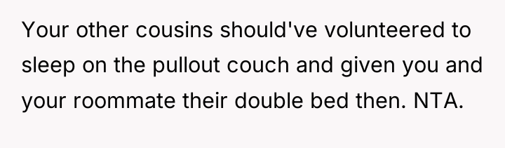 Your other cousins should've volunteered to sleep on the pullout...