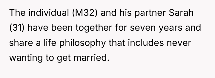 The individual (M32) and his partner Sarah (31) have been...