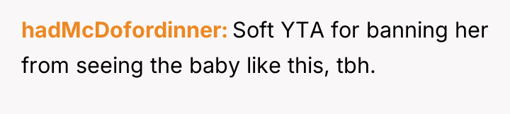hadMcDofordinner Soft YTA for banning her from seeing the baby...