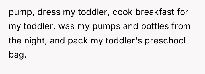 pump, dress my toddler, cook breakfast for my toddler, was...