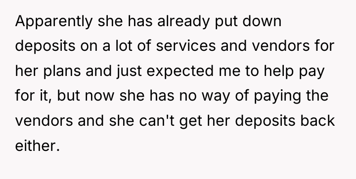 Apparently she has already put down deposits on a lot...