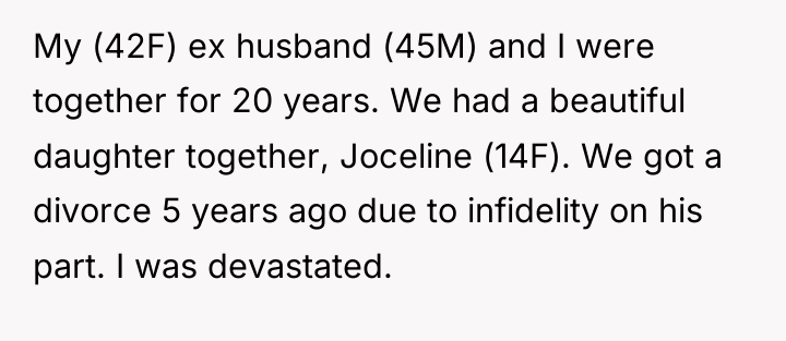 My (42F) ex husband (45M) and I were together for...