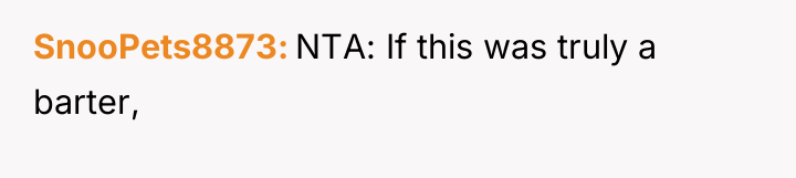 SnooPets8873 NTA: If this was truly a barter,