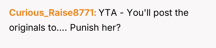 Curious_Raise8771 YTA - You'll post the originals to.... Punish her?