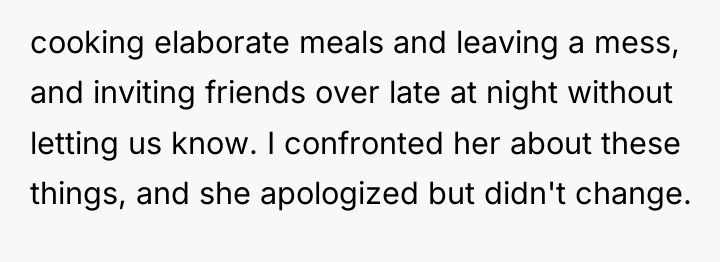 cooking elaborate meals and leaving a mess, and inviting friends...