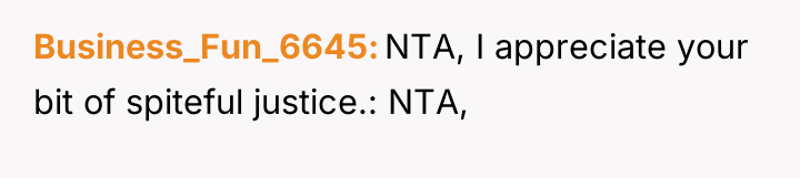 Business_Fun_6645 NTA, I appreciate your bit of spiteful justice.: NTA,