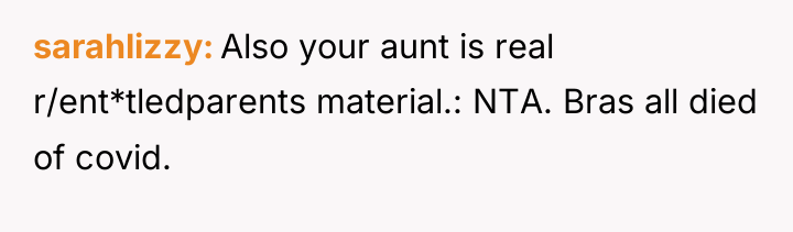 sarahlizzy Also your aunt is real r/ent*tledparents material.: NTA. Bras...